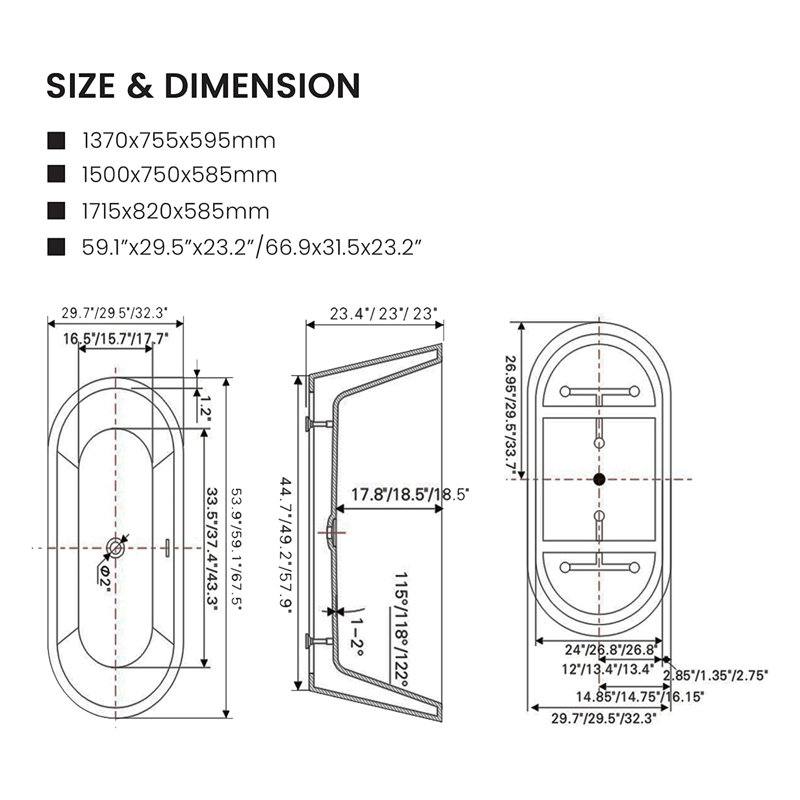 Vanity Art 67" x 32" Freestanding Soaking Acrylic Bathtub & Reviews